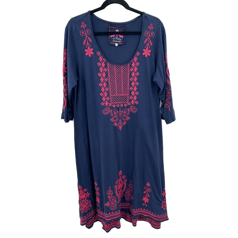 JOHNNY WAS *Flawed* Navy Blue Pink Embroidered Boho Tunic Dress Size 1X Cotton